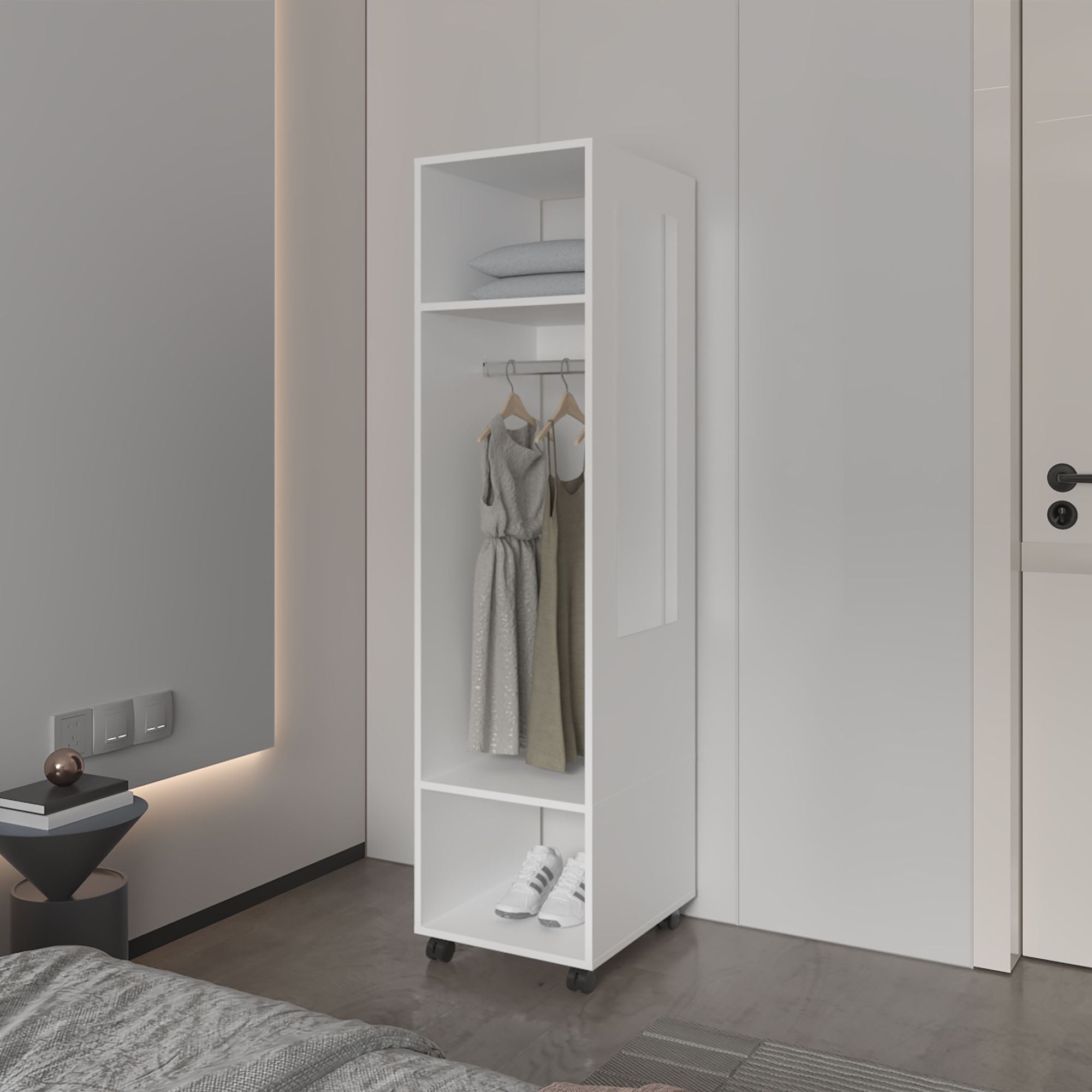 Benson Wardrobe with Mirror and Open Storage on Wheels