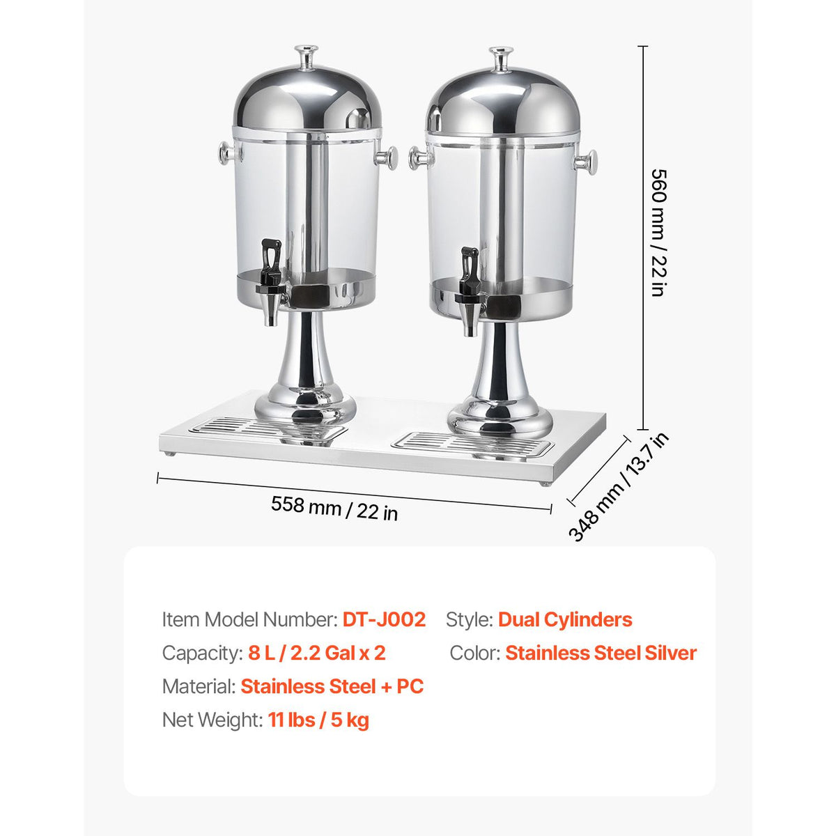 Dual 2.1 Gallon Beverage Dispenser for Parties – Stainless Steel & Plastic with Ice Chamber