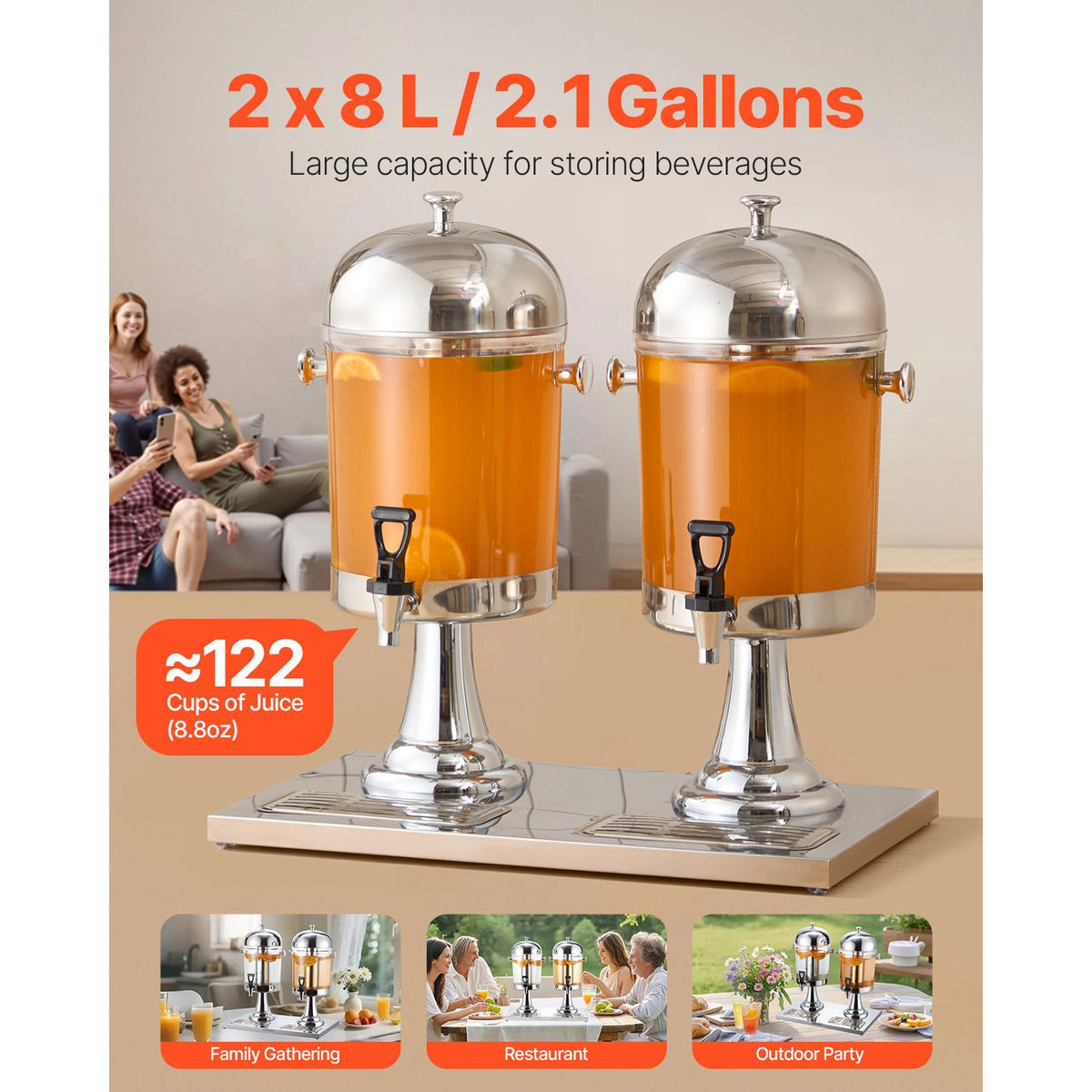Dual 2.1 Gallon Beverage Dispenser for Parties – Stainless Steel & Plastic with Ice Chamber