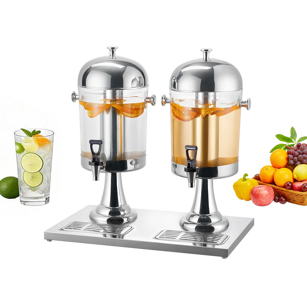 Dual 2.1 Gallon Beverage Dispenser for Parties – Stainless Steel & Plastic with Ice Chamber