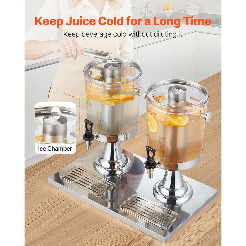 Dual 2.1 Gallon Beverage Dispenser for Parties – Stainless Steel & Plastic with Ice Chamber