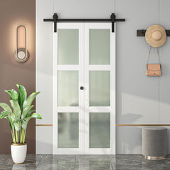 Bi-Fold Sliding Barn Door with Tempered Frosted Glass and Hardware Kit