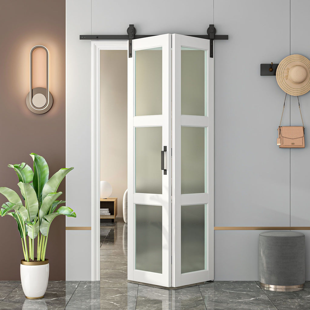 Bi-Fold Sliding Barn Door with Tempered Frosted Glass and Hardware Kit
