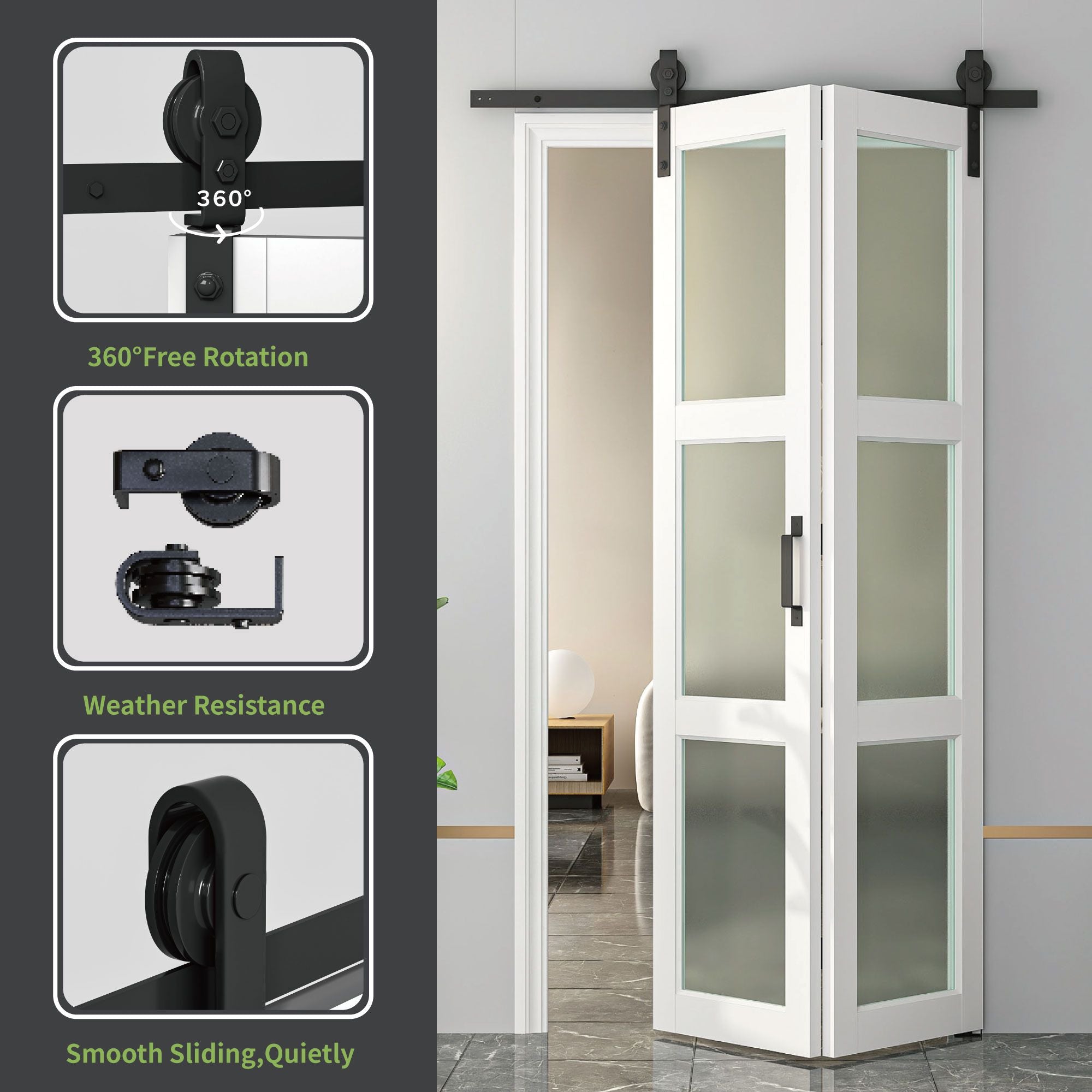 Bi-Fold Sliding Barn Door with Tempered Frosted Glass and Hardware Kit