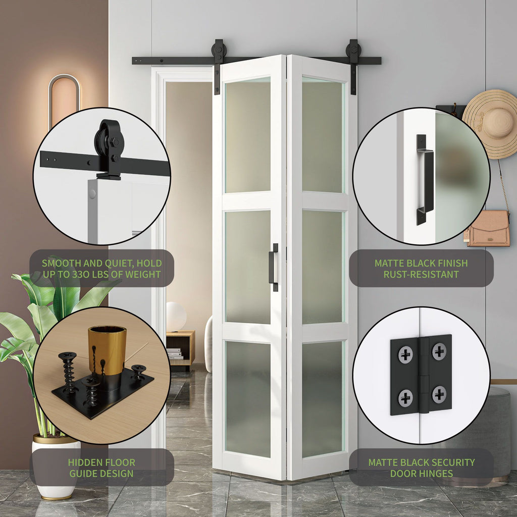 Bi-Fold Sliding Barn Door with Tempered Frosted Glass and Hardware Kit
