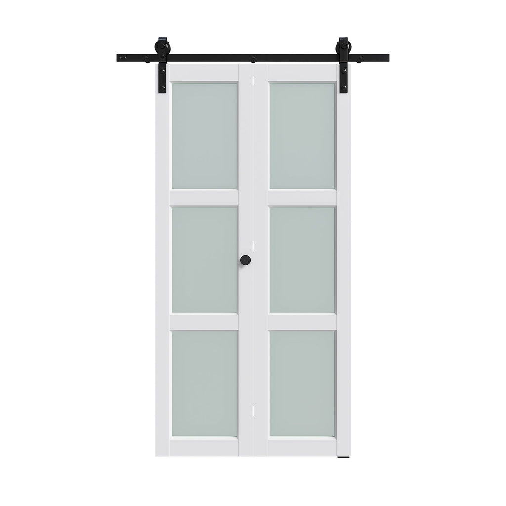 Bi-Fold Sliding Barn Door with Tempered Frosted Glass and Hardware Kit