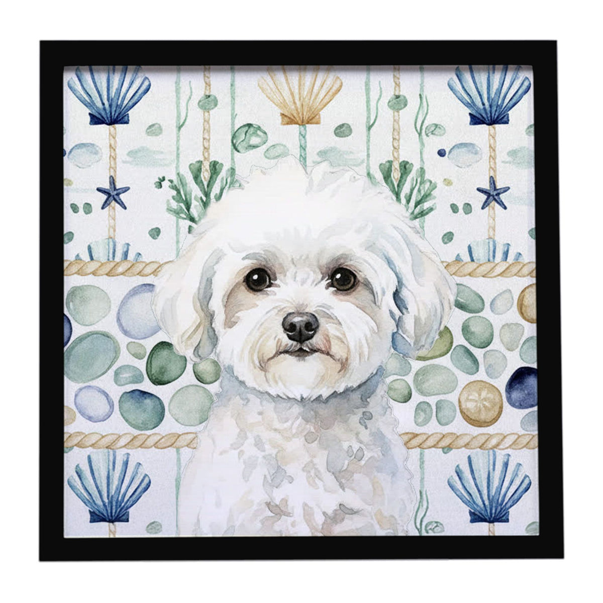 Bichon Frise Coastal Sea Glass Framed Wall Art