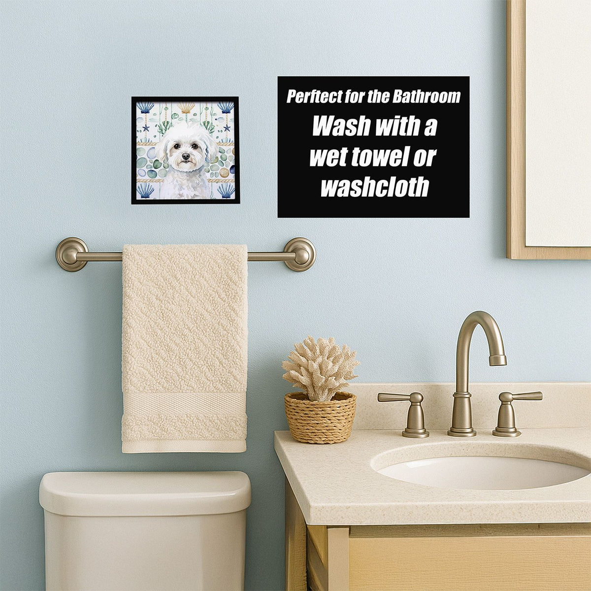 Bichon Frise Coastal Sea Glass Framed Wall Art