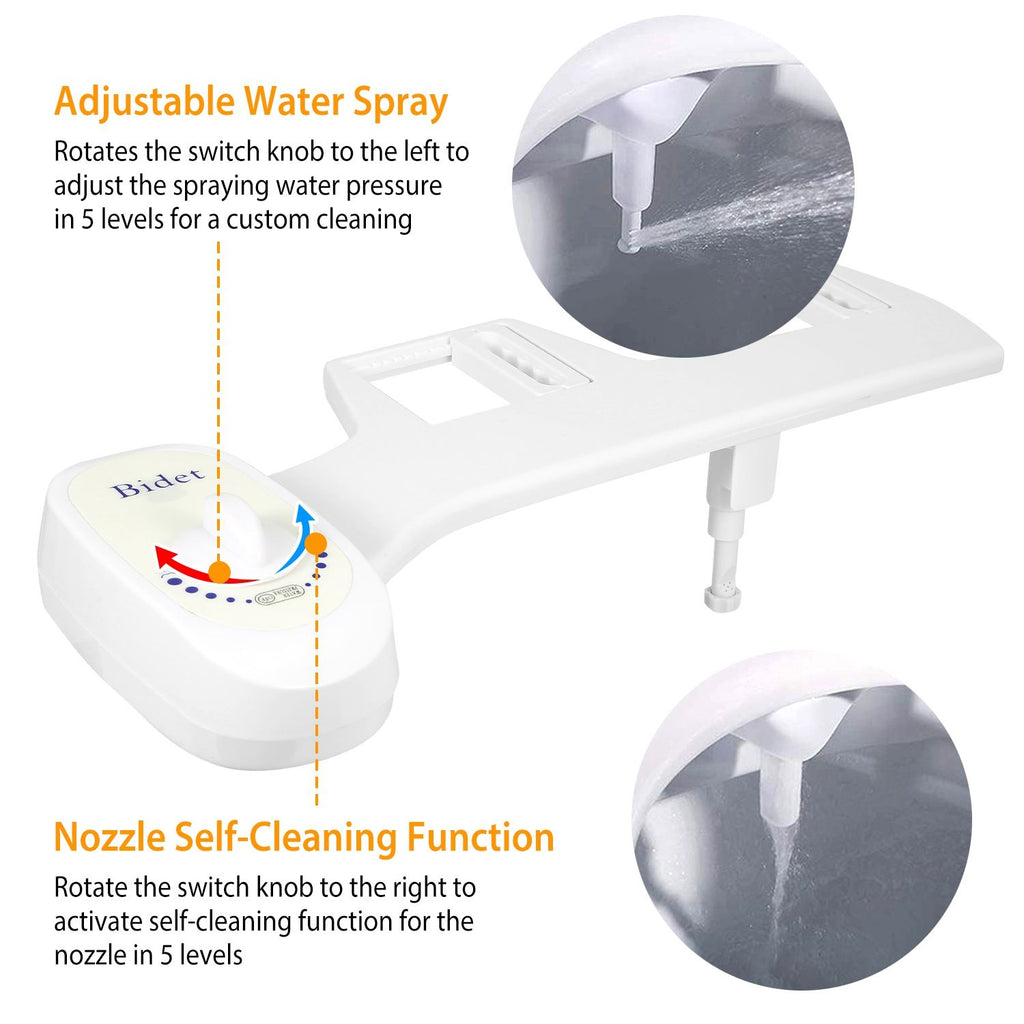 Mechanical Bidet Attachment with Self-Cleaning Nozzle