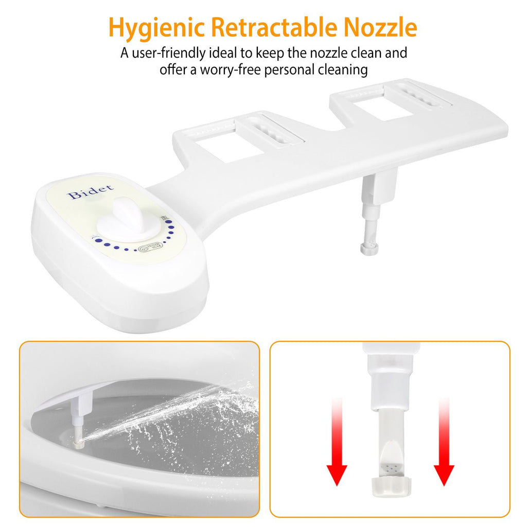 Mechanical Bidet Attachment with Self-Cleaning Nozzle
