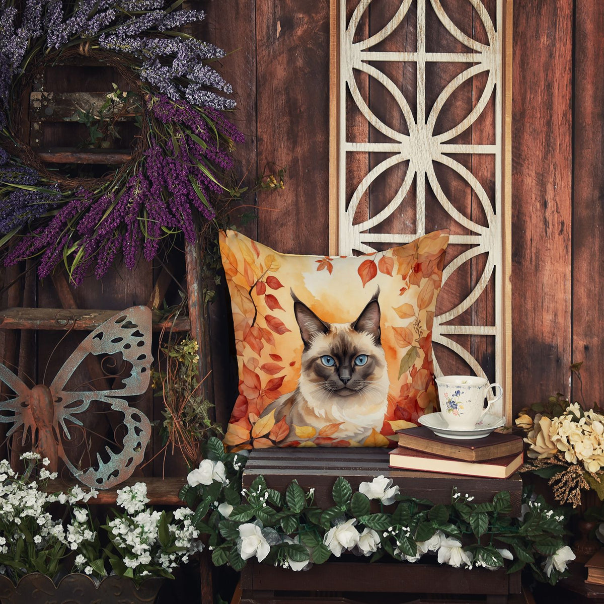 Birman Cat in Fall Leaves Halloween Accent Pillow