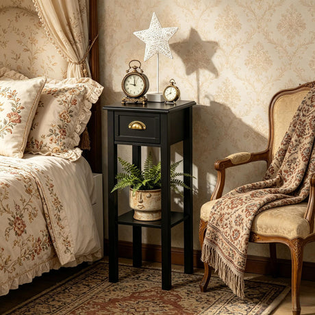 Black 2-Tier Side Table with Drawer And Shelf End Table for Living Room Hallway Organizer