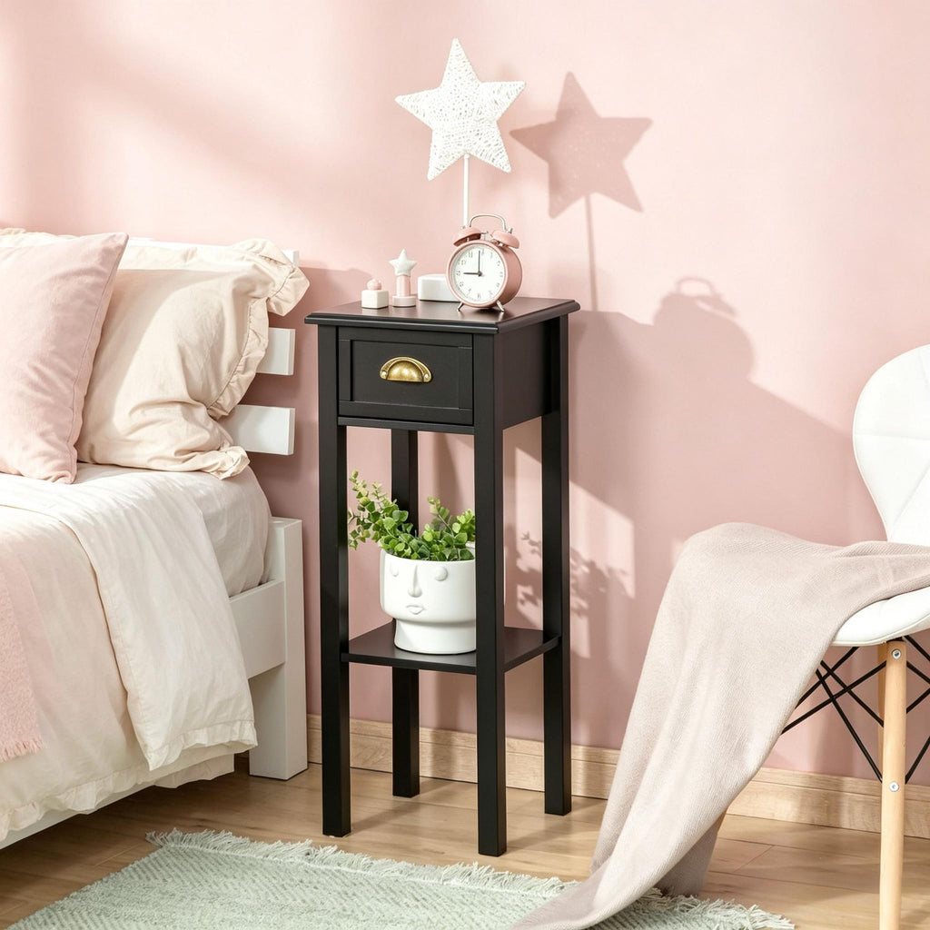Black 2-Tier Side Table with Drawer And Shelf End Table for Living Room Hallway Organizer