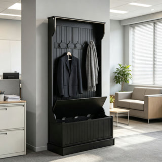 Black 3-In-1 Entryway Bench Coat Rack Hall Tree with Shoe Storage 5 Hooks for Hallway