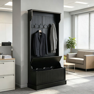 Black 3-In-1 Entryway Bench Coat Rack Hall Tree with Shoe Storage 5 Hooks for Hallway
