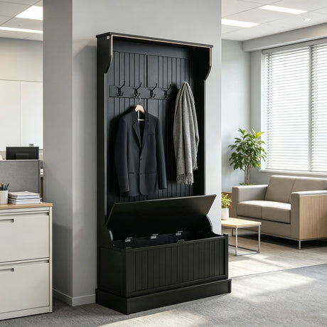 Black 3-In-1 Entryway Bench Coat Rack Hall Tree with Shoe Storage 5 Hooks for Hallway