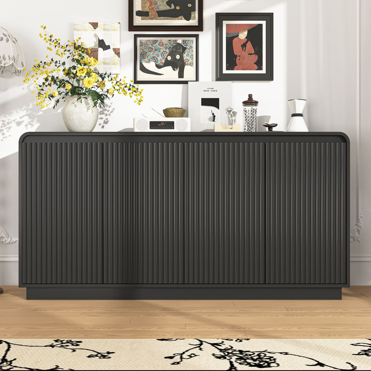 Fluted Four-Door Media Console with Built-In Power