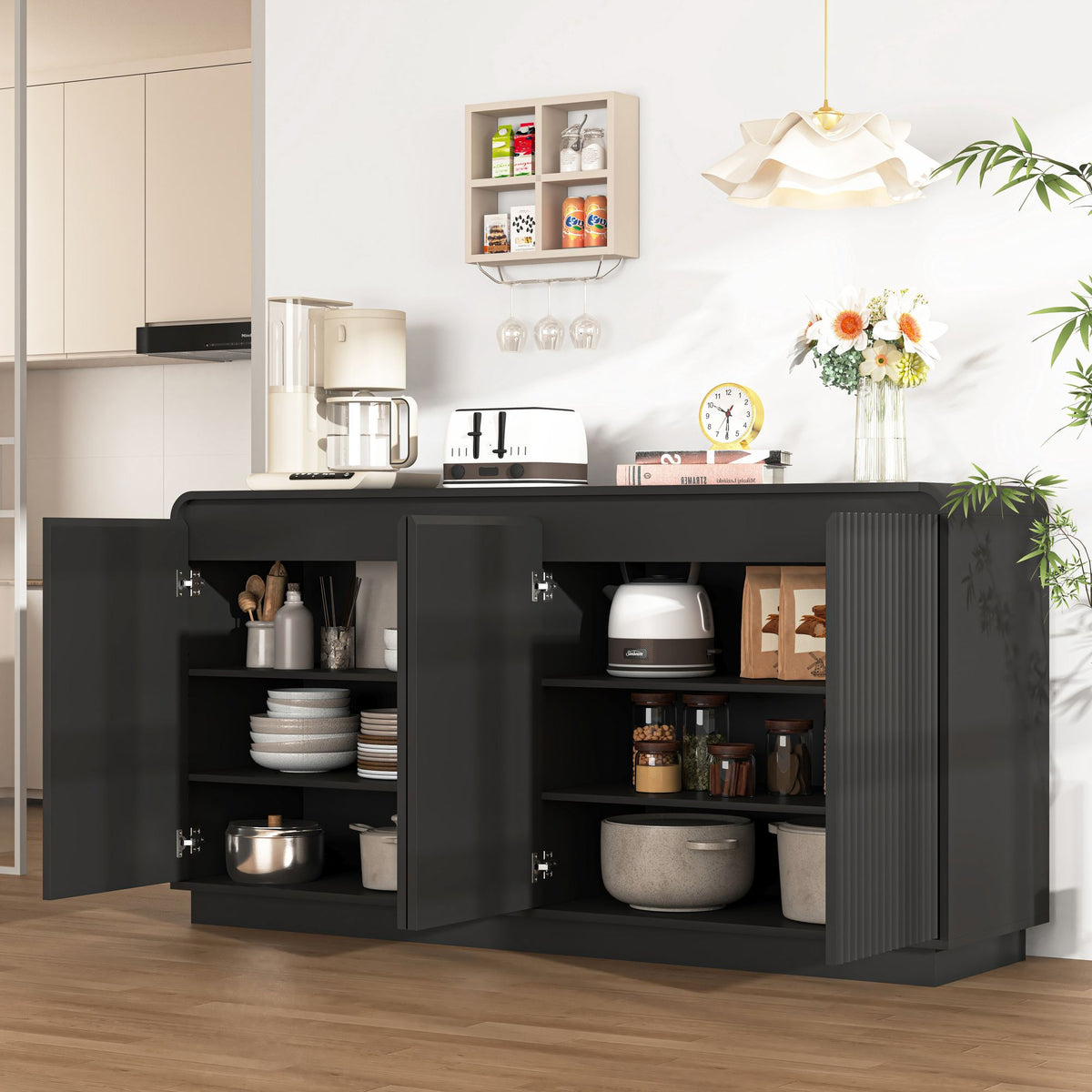 Fluted Four-Door Media Console with Built-In Power