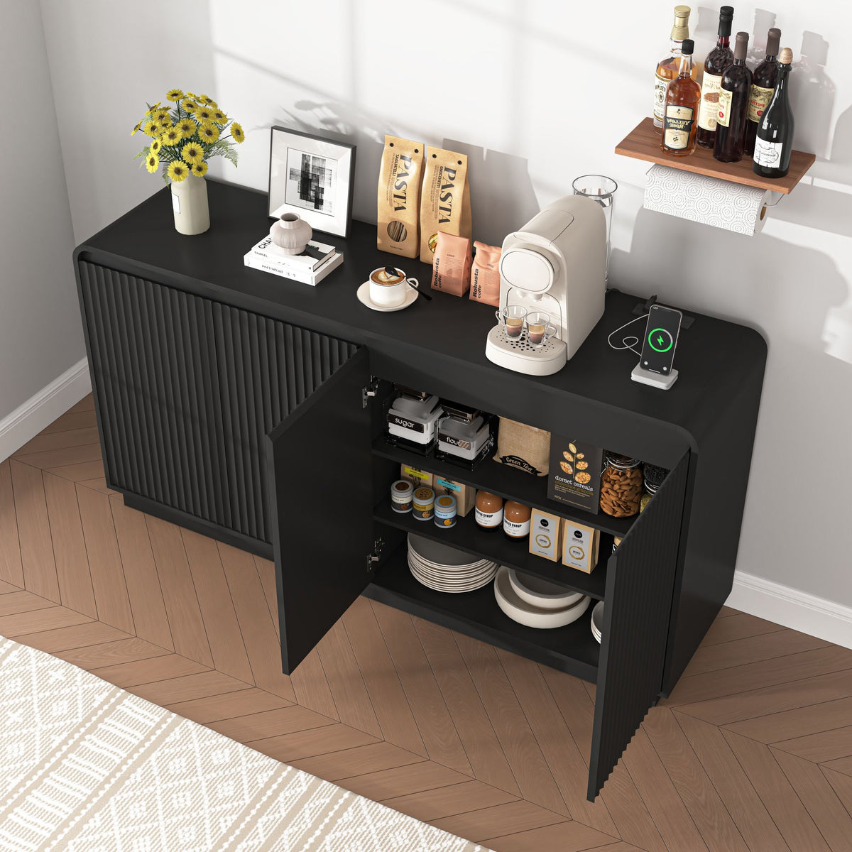 Fluted Four-Door Media Console with Built-In Power