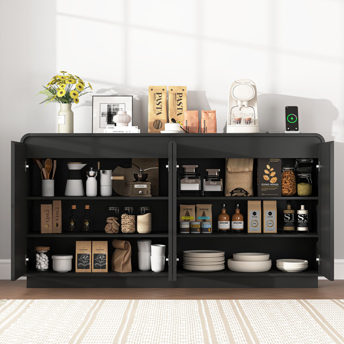 Fluted Four-Door Media Console with Built-In Power