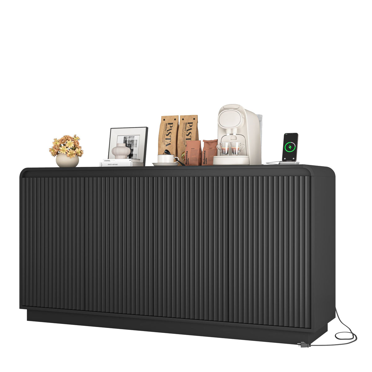 Fluted Four-Door Media Console with Built-In Power