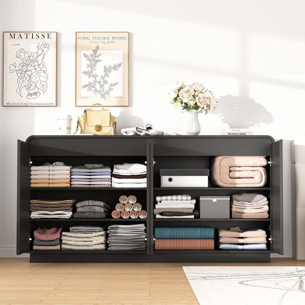 Fluted Four-Door Media Console with Built-In Power
