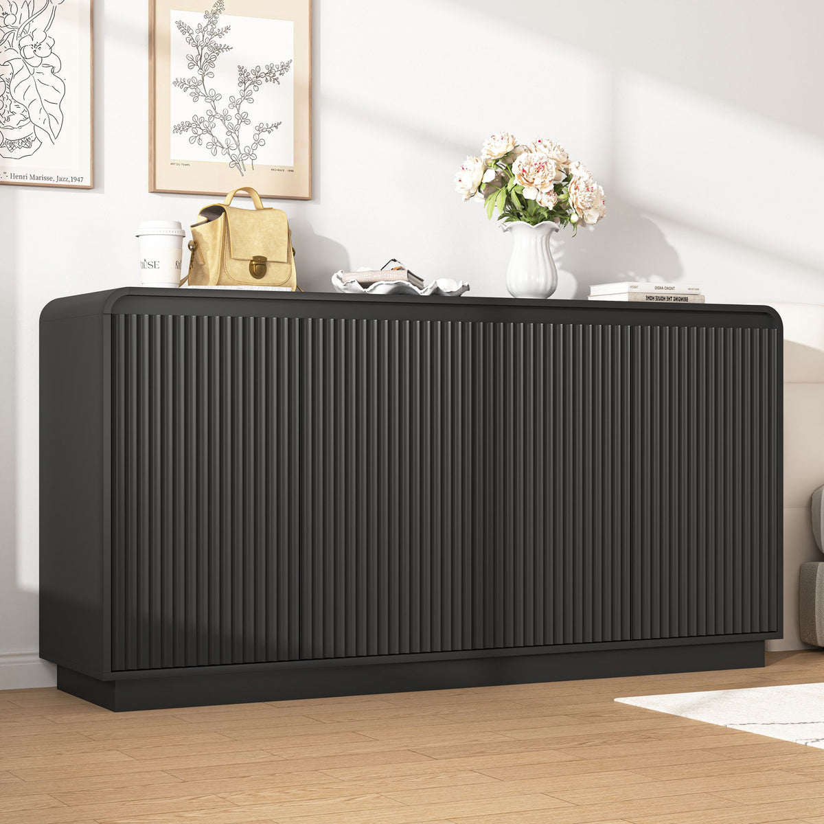 Fluted Four-Door Media Console with Built-In Power