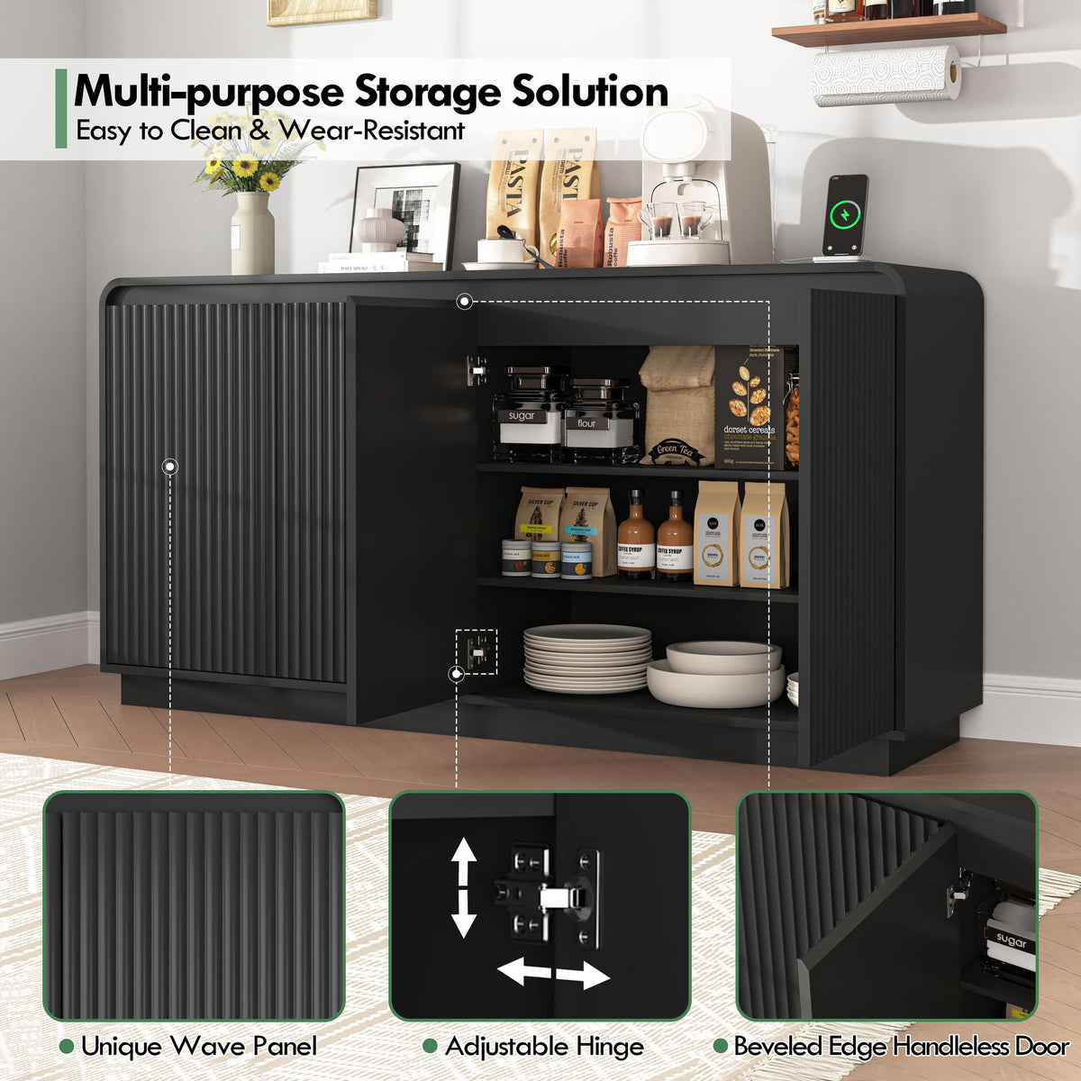 Fluted Four-Door Media Console with Built-In Power