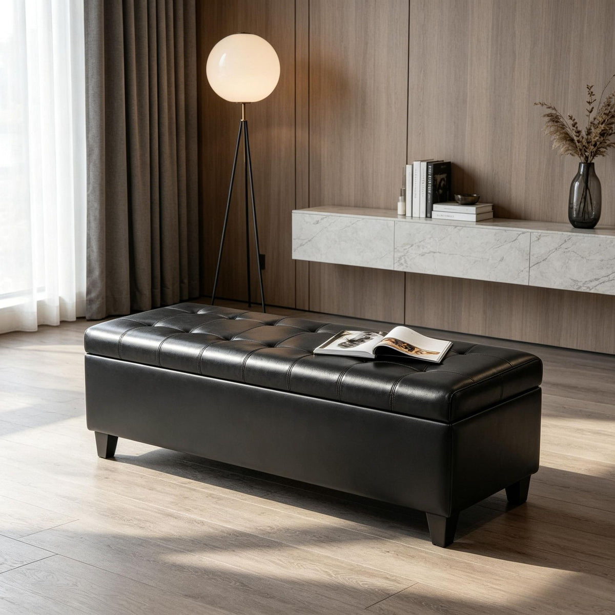 Black Tufted Lift-Top Storage Bench