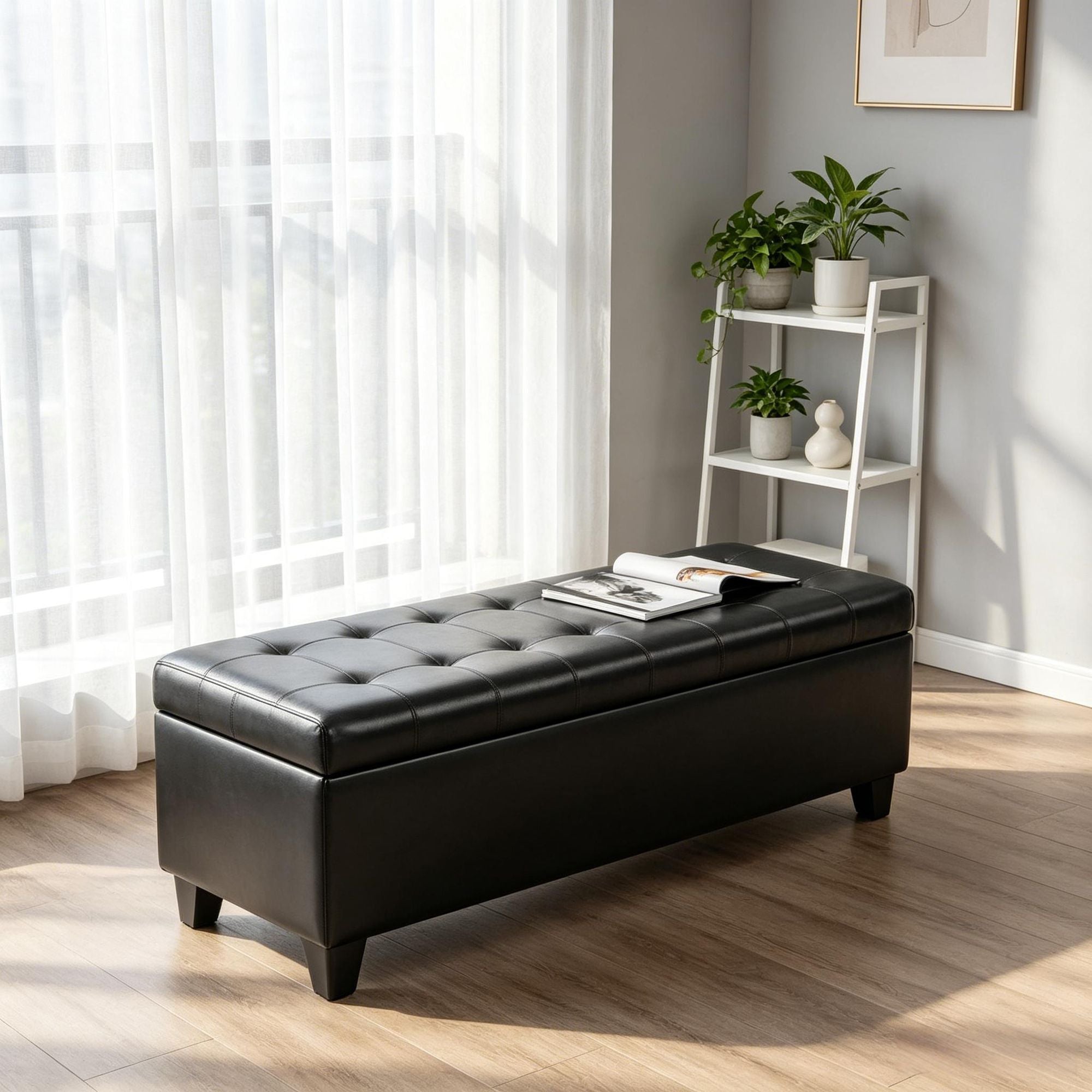 Black Tufted Lift-Top Storage Bench