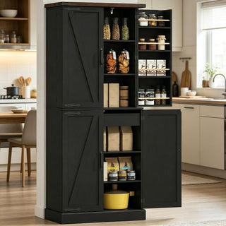 Black Tall Kitchen Pantry Cabinet Farmhouse Storage with 8 Door Racks And Adjustable