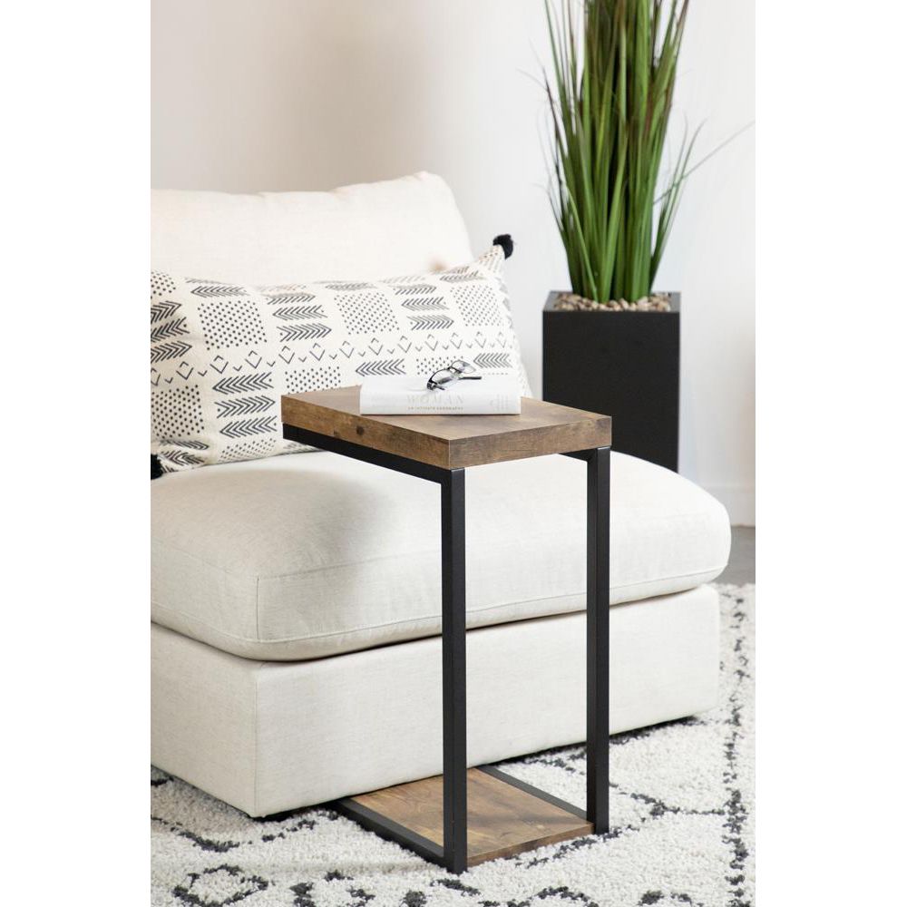 Industrial Snack Table with Dark Metal Base and Antique Nutmeg Top