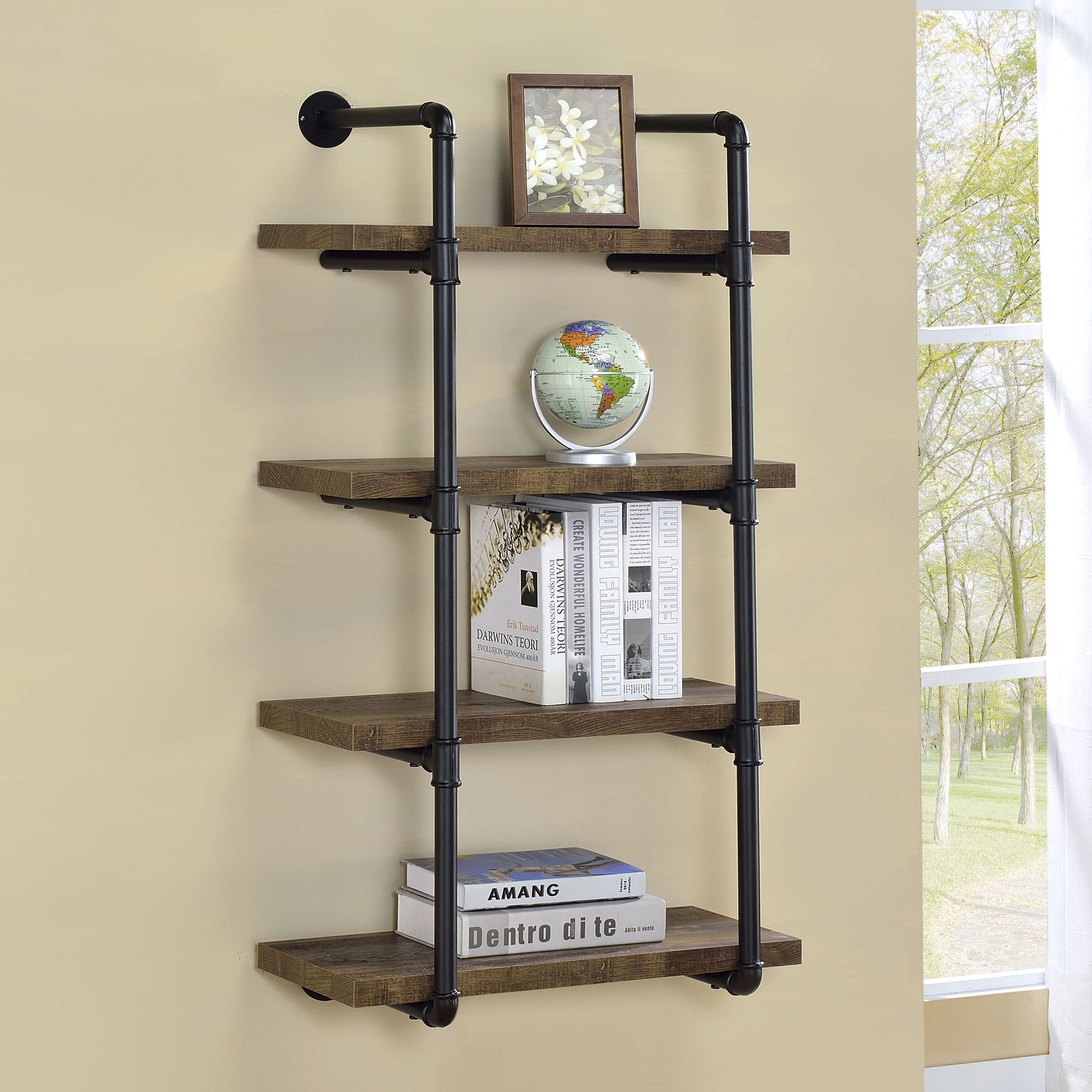 Industrial 4-Tier Wall Shelf with Pipe Frame - Black and Rustic Oak