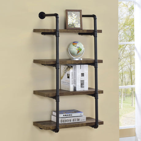 Industrial 4-Tier Wall Shelf with Pipe Frame - Black and Rustic Oak
