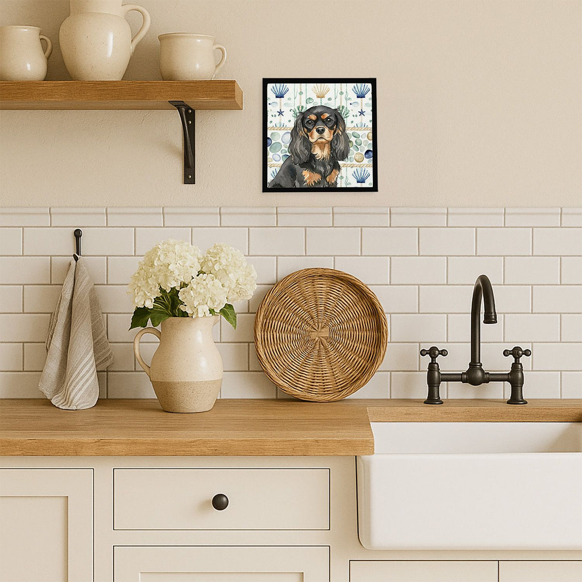 Cavalier Spaniel Coastal Sea Glass Framed Wall Art