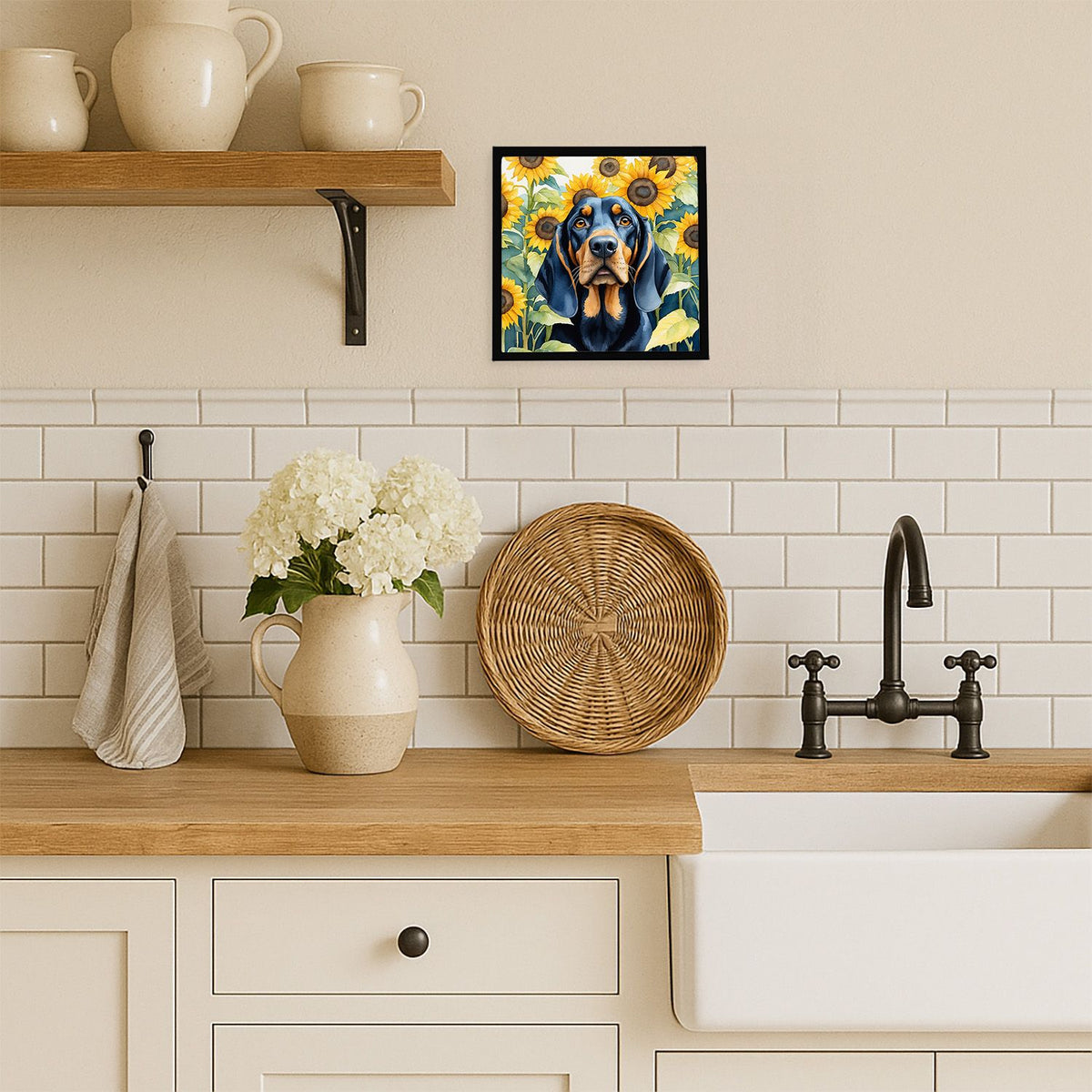 Black and Tan Coonhound in Sunflowers Framed Wall Art