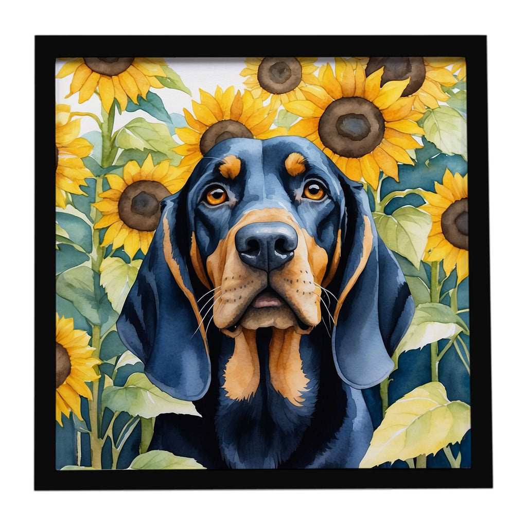 Black and Tan Coonhound in Sunflowers Framed Wall Art