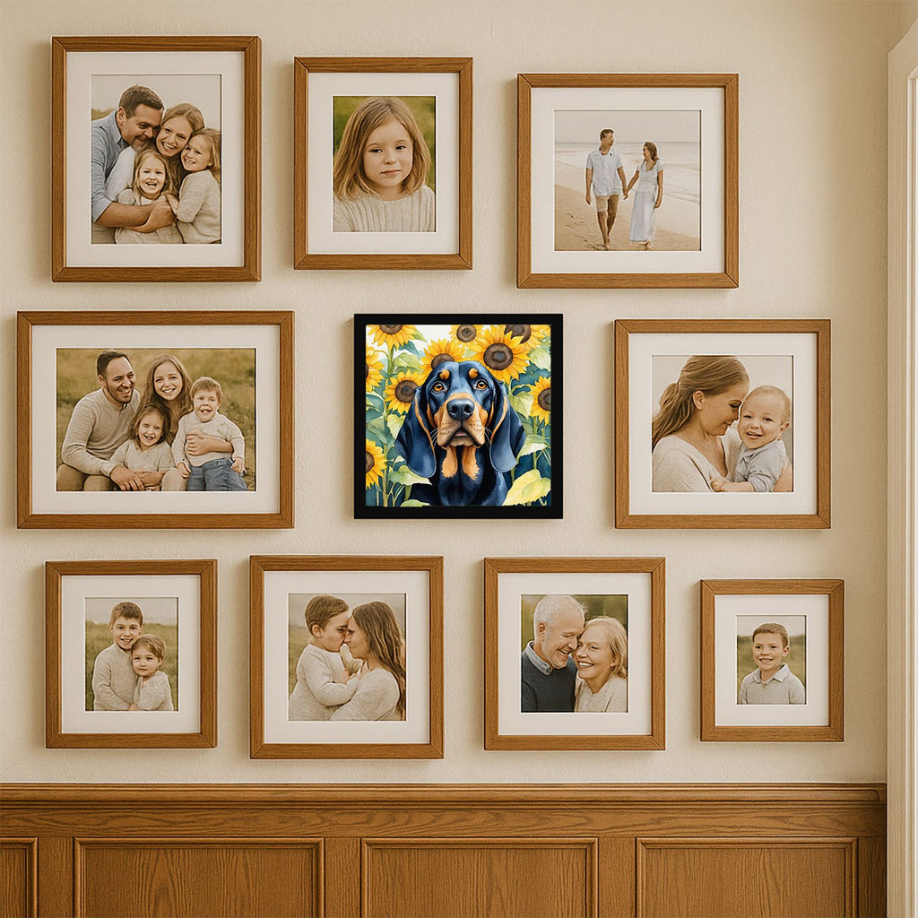 Black and Tan Coonhound in Sunflowers Framed Wall Art