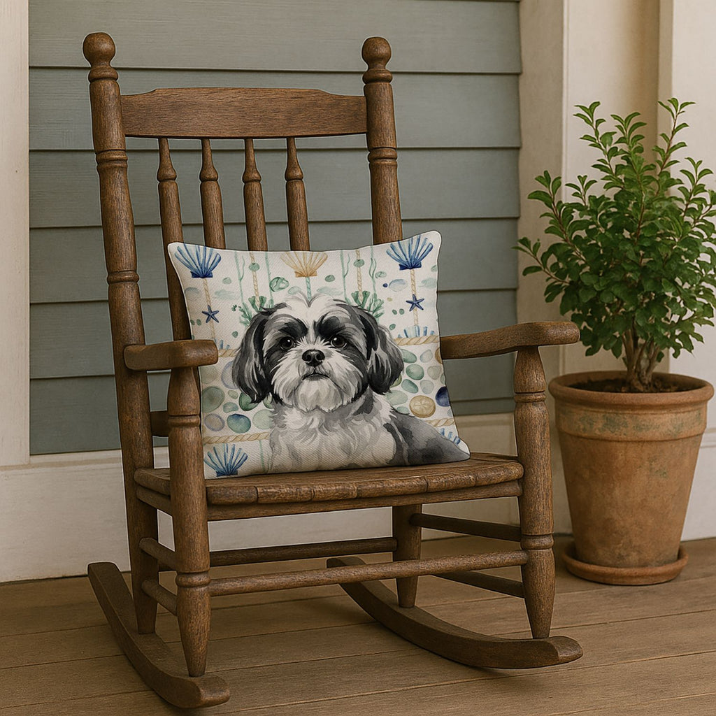 Black and White Shih Tzu Coastal Sea Glass Accent Pillow