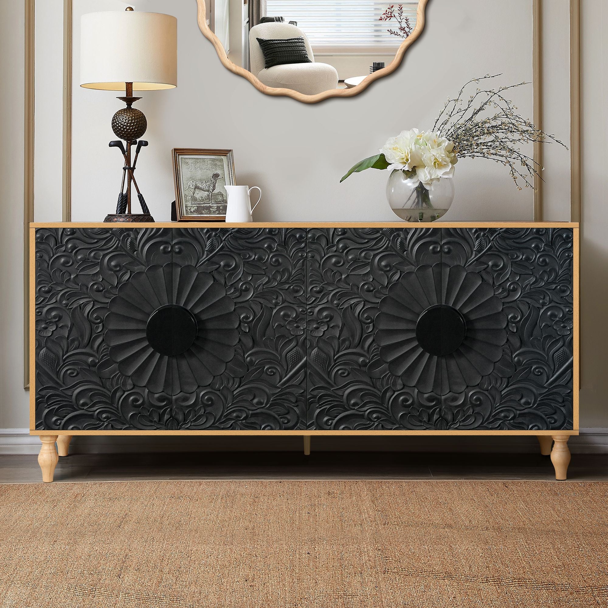 Vintage Carved Patchwork Cabinet with Adjustable Shelves for TV Stand or Storage