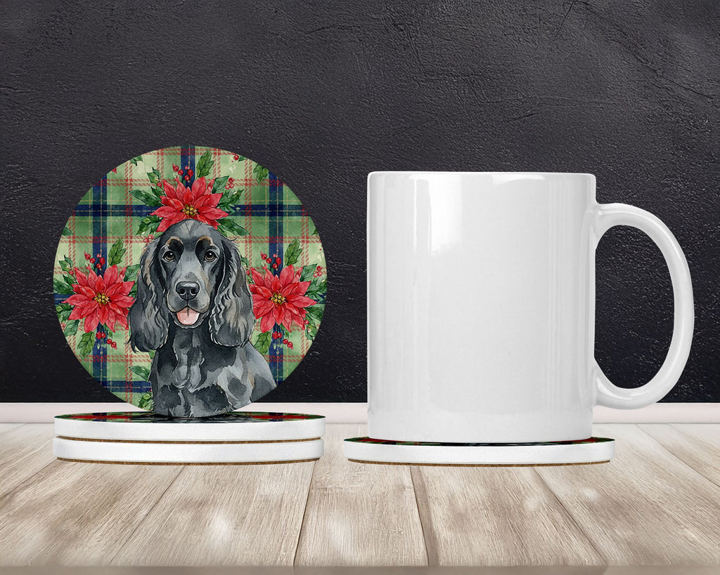 Black Cocker Spaniel Christmas Poinsettia Coaster Set