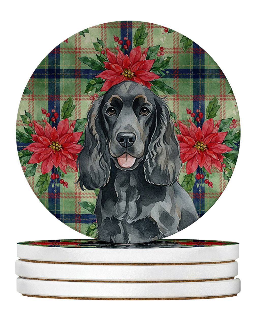 Black Cocker Spaniel Christmas Poinsettia Coaster Set