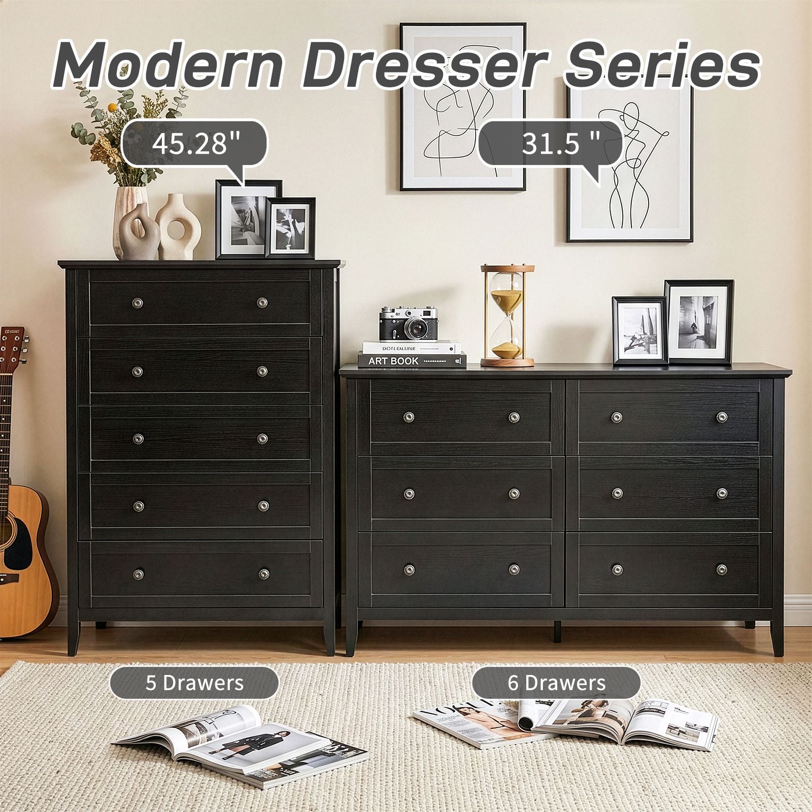 Black Embossed Five-Drawer Cabinet – Modern Storage for Any Room