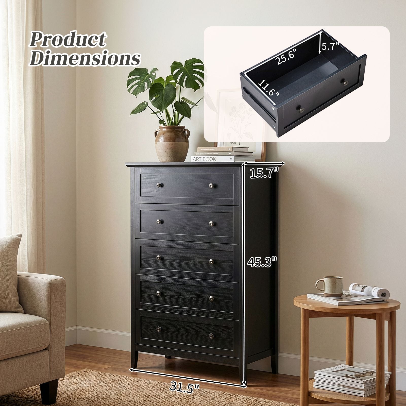 Black Embossed Five-Drawer Cabinet – Modern Storage for Any Room