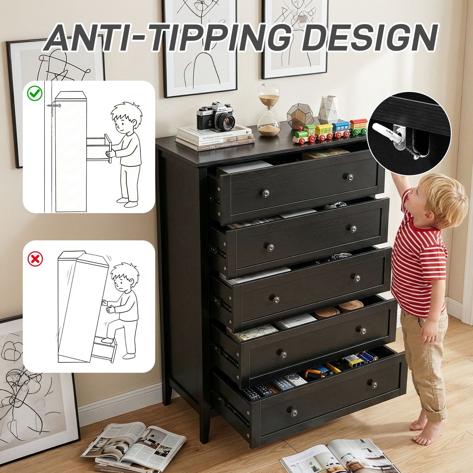 Black Embossed Five-Drawer Cabinet – Modern Storage for Any Room