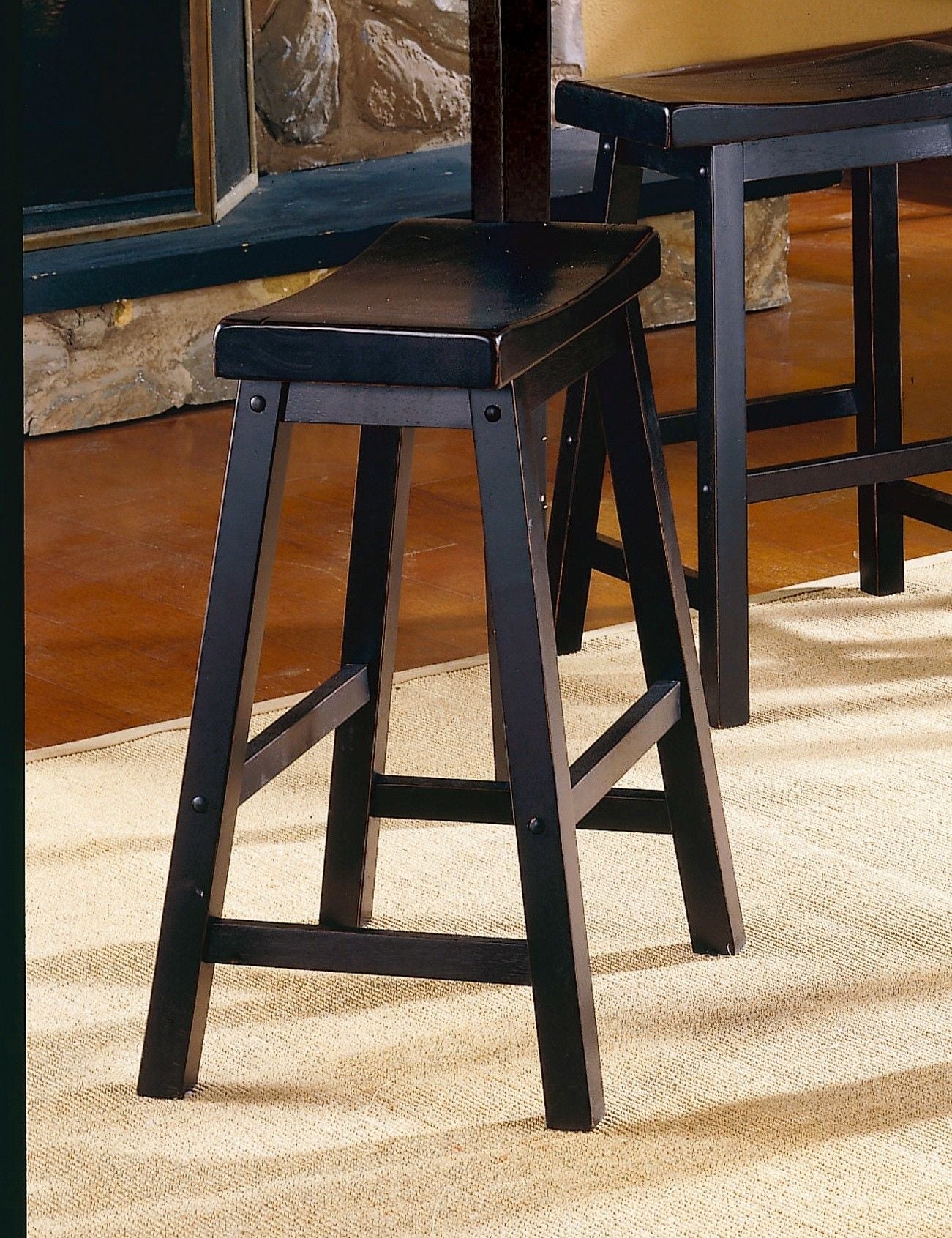 Black Saddle Seat Counter Stools, Set of Two