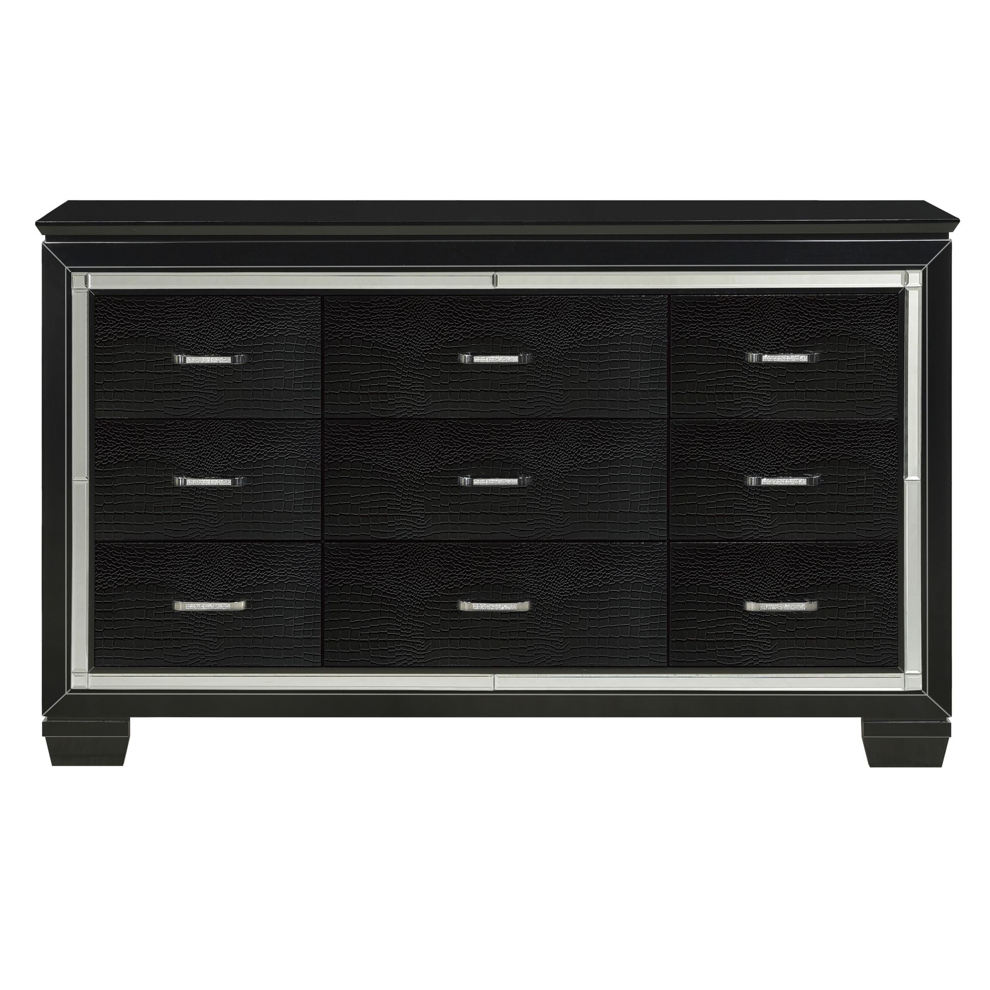 Black Finish Dresser Bold Desing 9 Drawers Glamorous Faux-Alligator Textured Fronts Wooden
