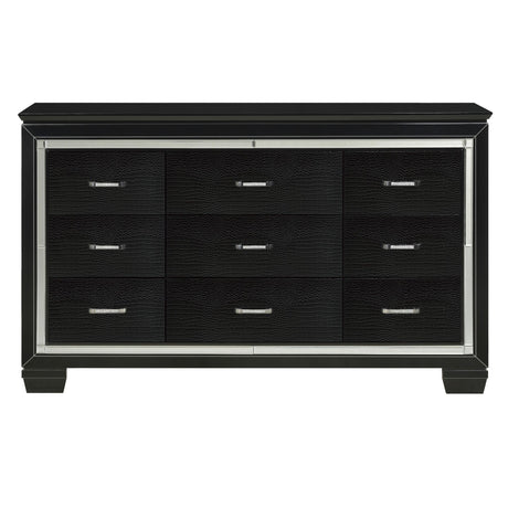 Black Finish Dresser Bold Desing 9 Drawers Glamorous Faux-Alligator Textured Fronts Wooden