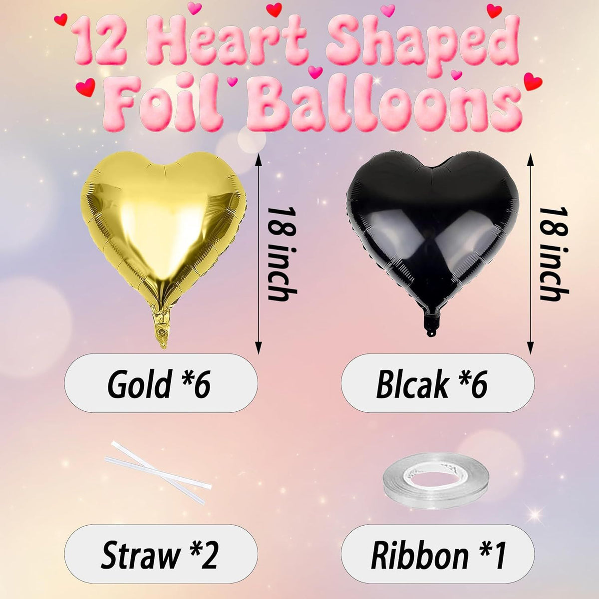 Black and Champagne Gold Heart Party Balloons