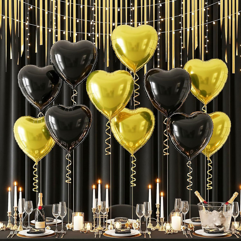 Black and Champagne Gold Heart Party Balloons